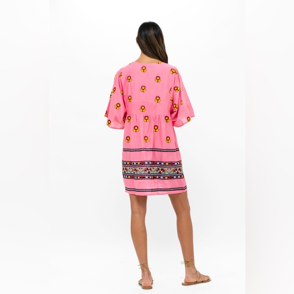 NWT OLIPHANT Kaftan Mini- Santa Fe Pink Floral Midi Embroidered Dress Size M - Picture 2 of 9